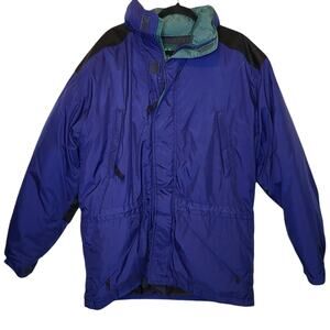 Snow Lion Blue Black Goose Down sz large Ski Snow Jacket Hooded